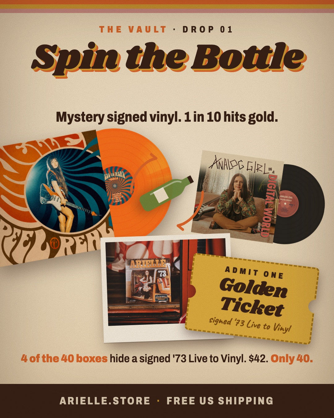 Spin the Bottle: mystery signed vinyl, 1 in 10 hits gold. $42. Only 40.